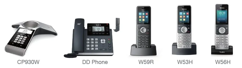 Equipos Yealink: teléfono de conferencias CP930W, teléfono de escritorio con DECT y teléfonos inalámbricos W59R, W53H y W56H